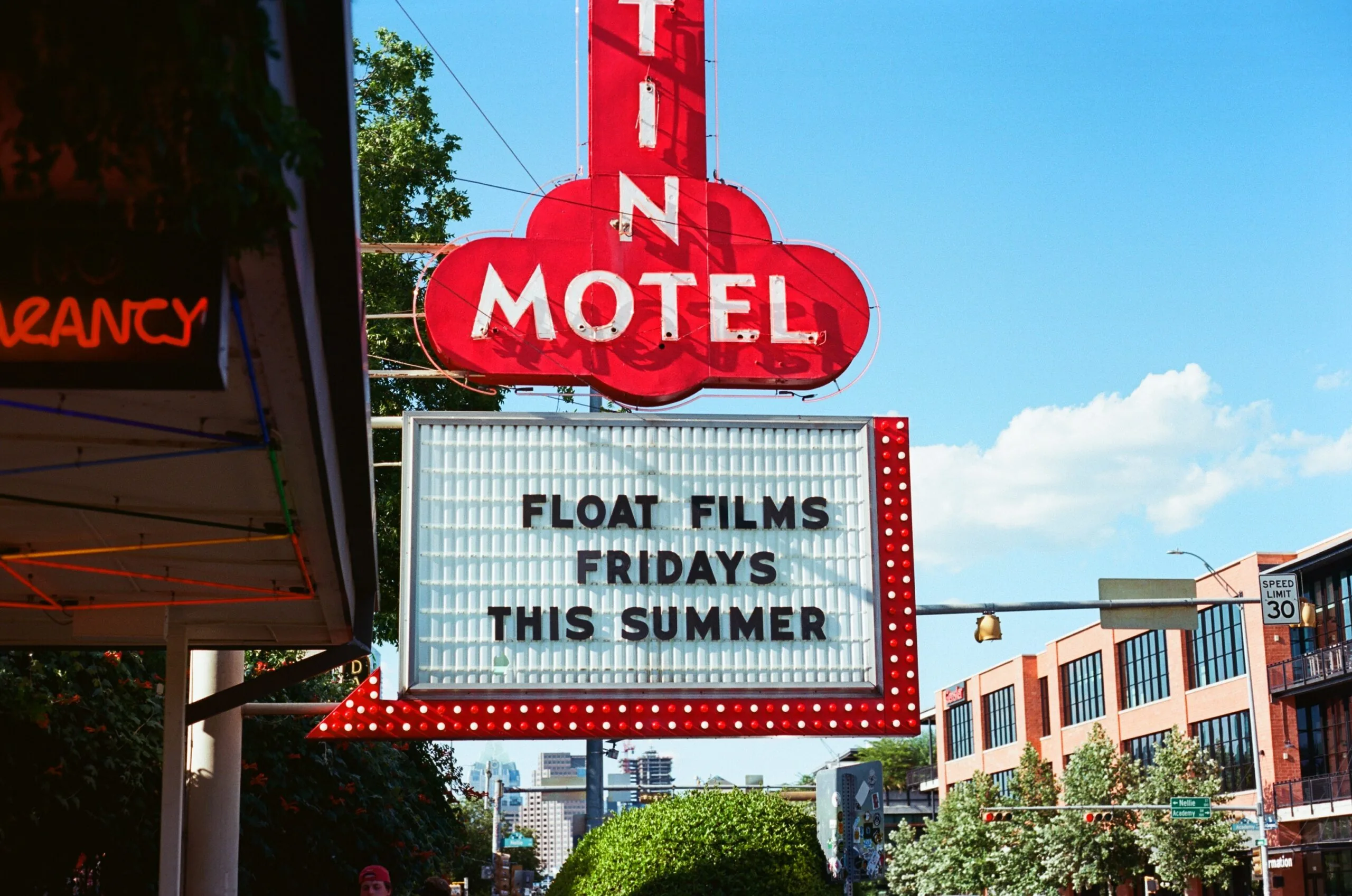 Austin Motel sign advertising Float Films Fridays