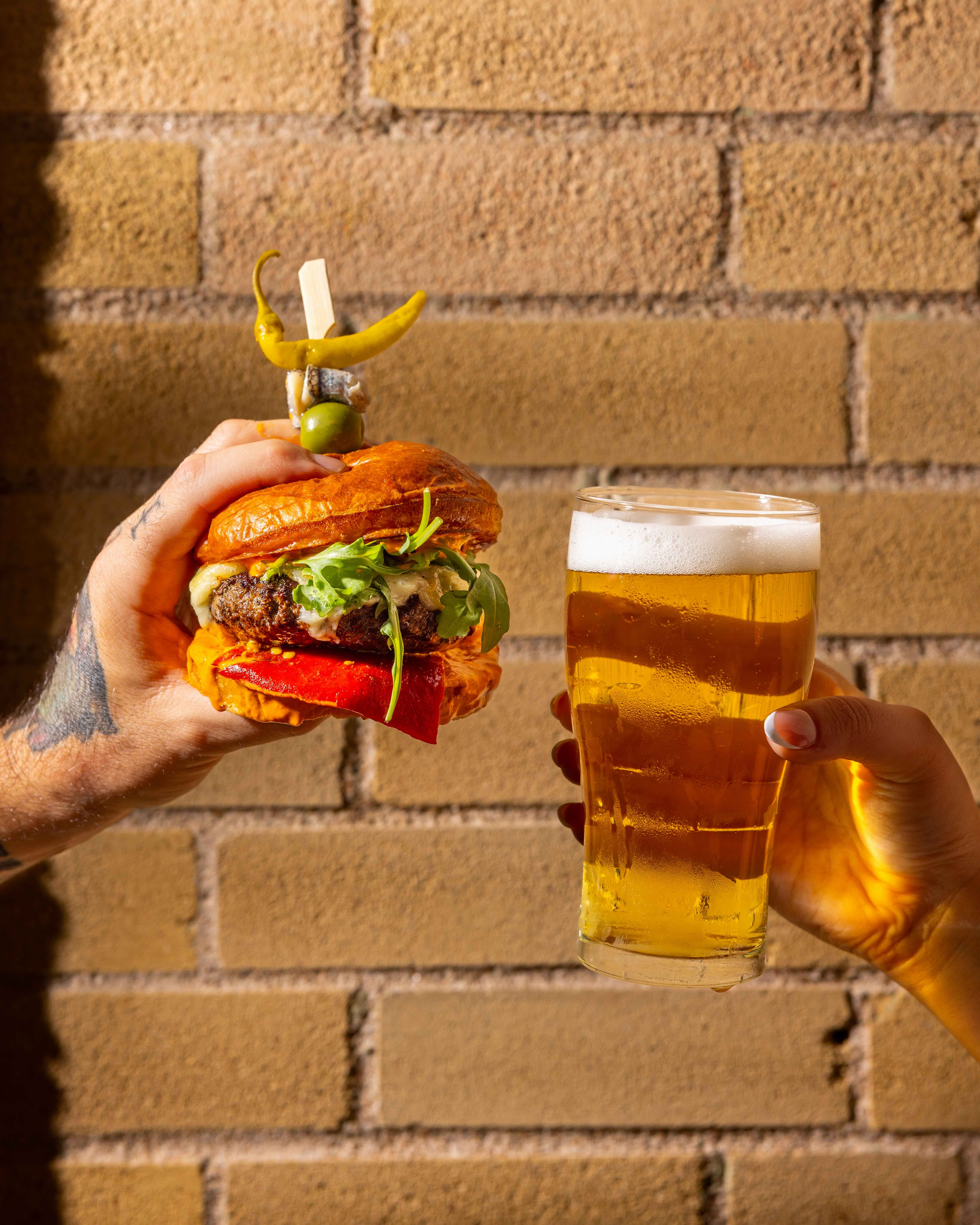 burger and beer at the hall