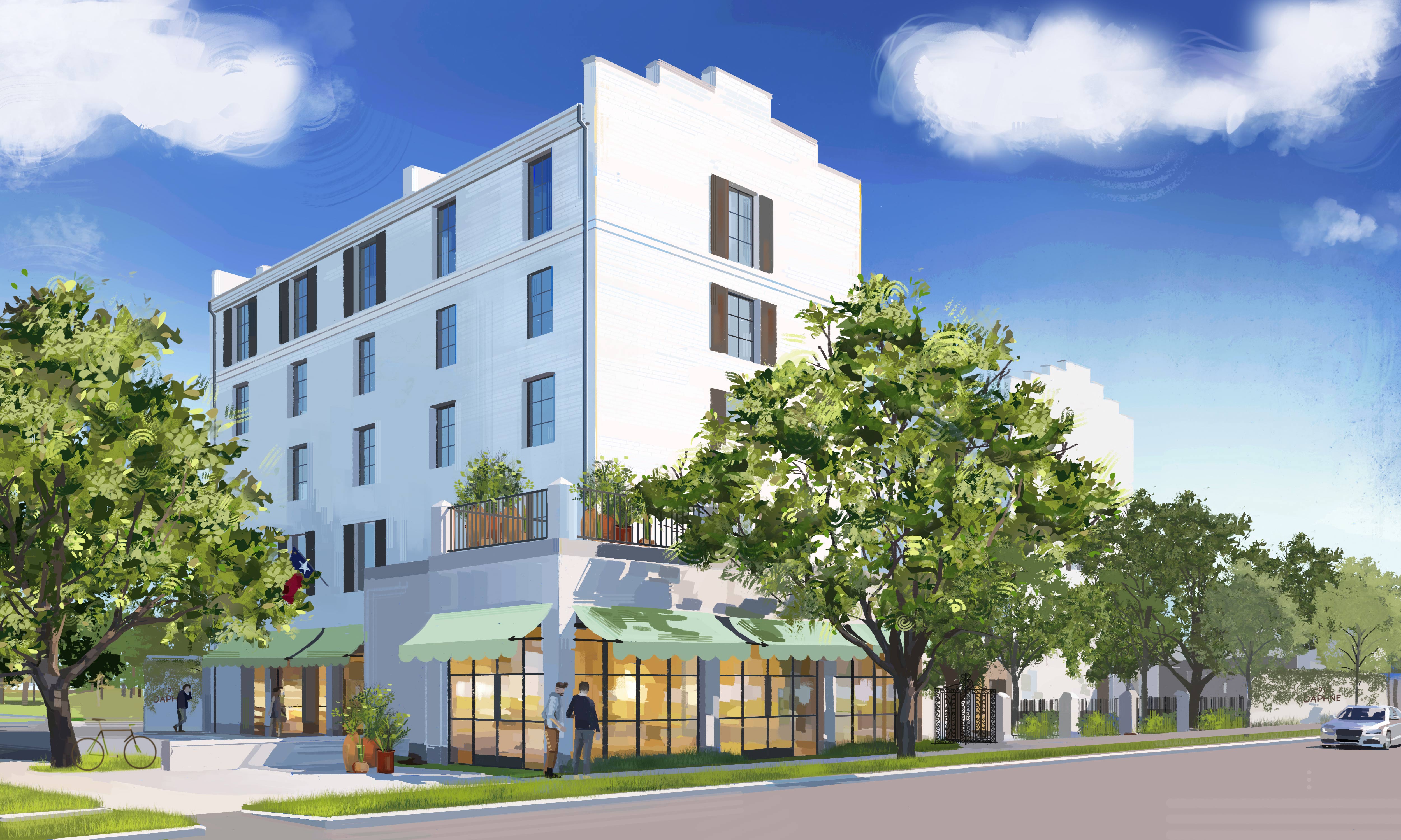 Exterior of Hotel Daphne, white brick building with trees