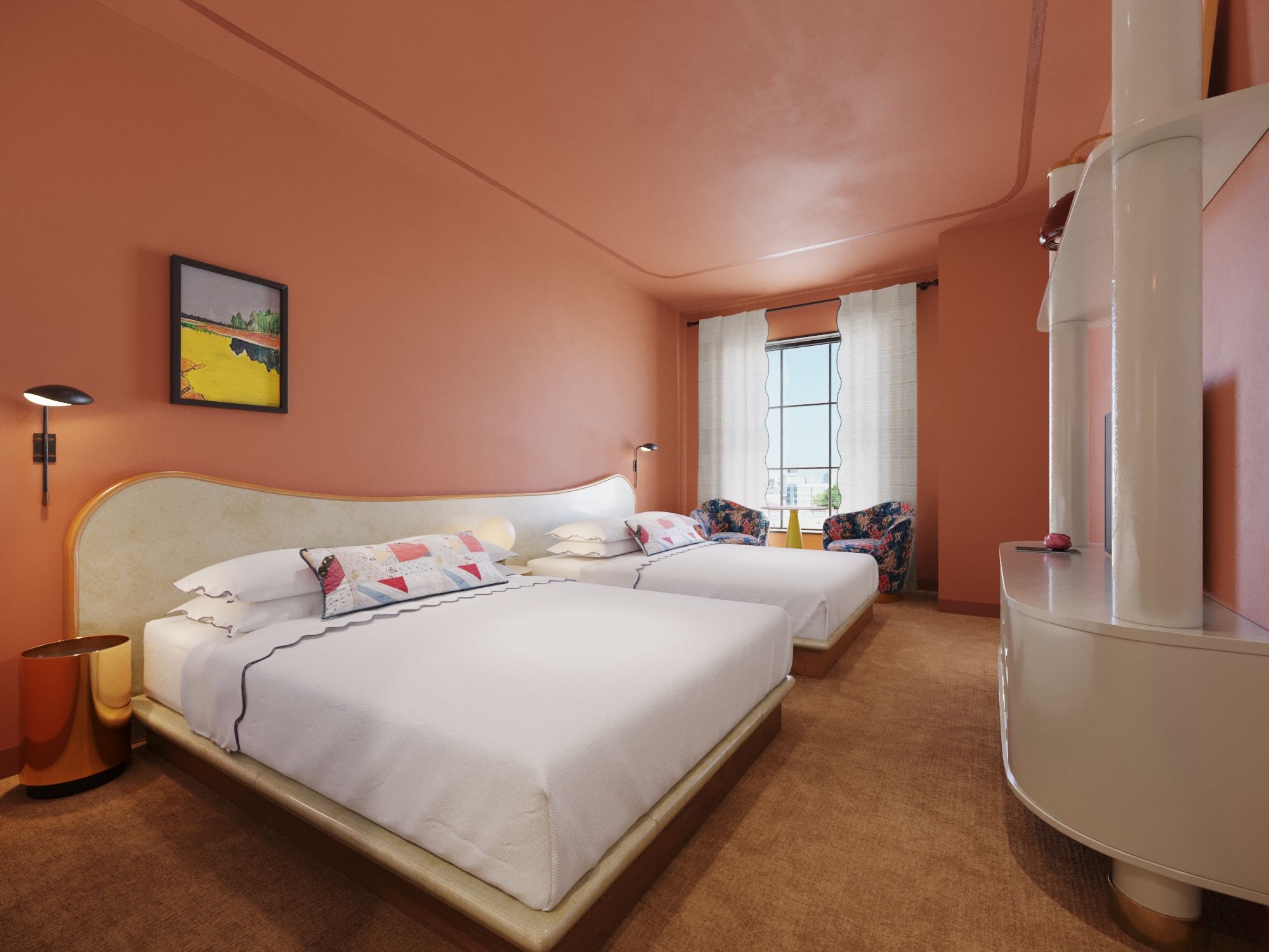 hotel room with two queen beds white tv stand and orange walls
