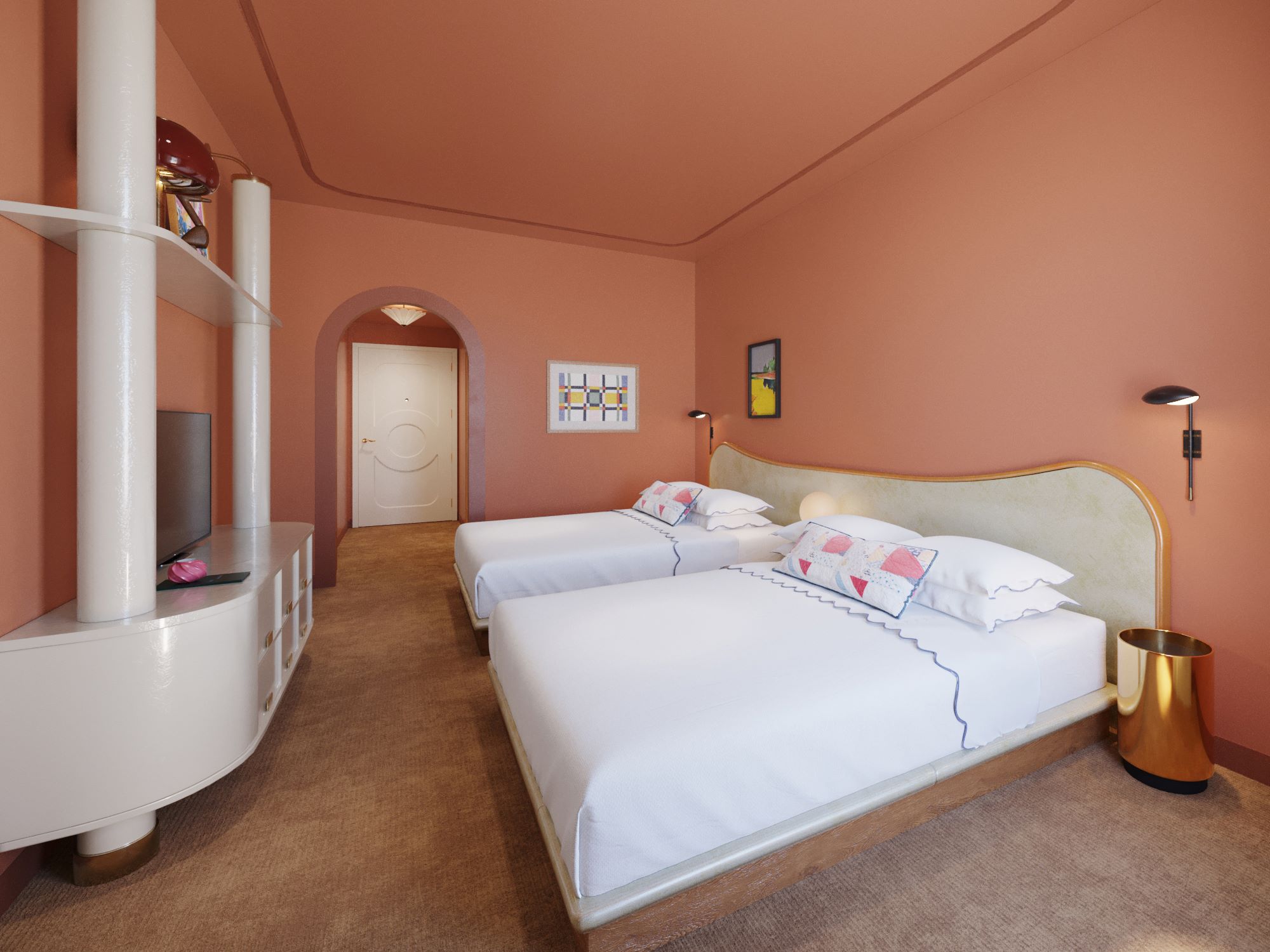 hotel room with two queen beds white tv stand and orange walls