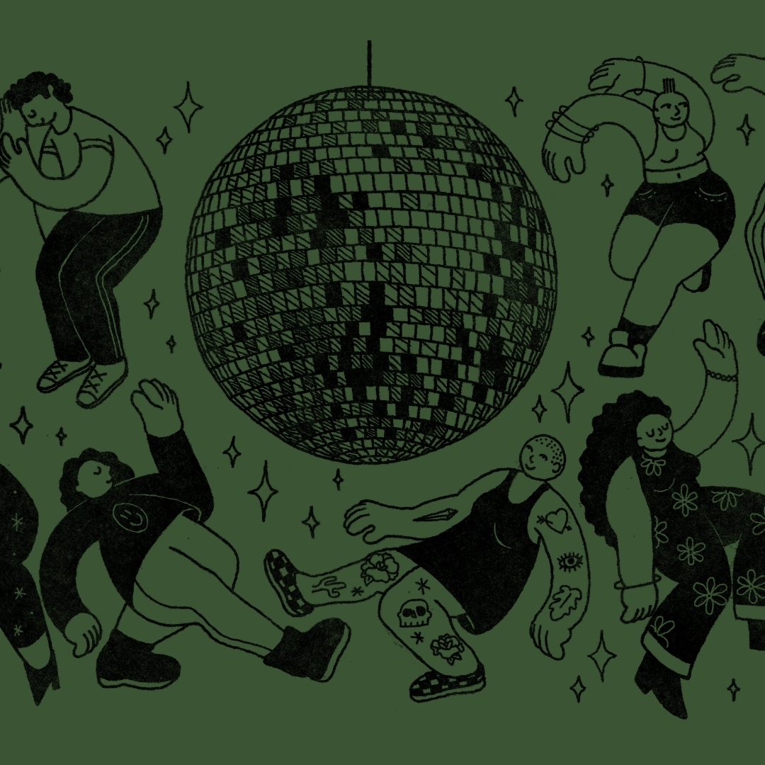 drawing of a disco ball and people dancing green background