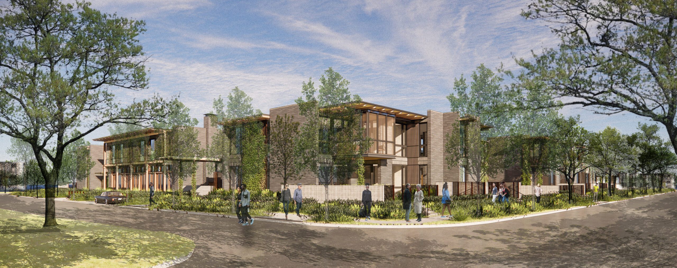 Rendering of the exterior of Hotel Saint Augustine with people 9in front