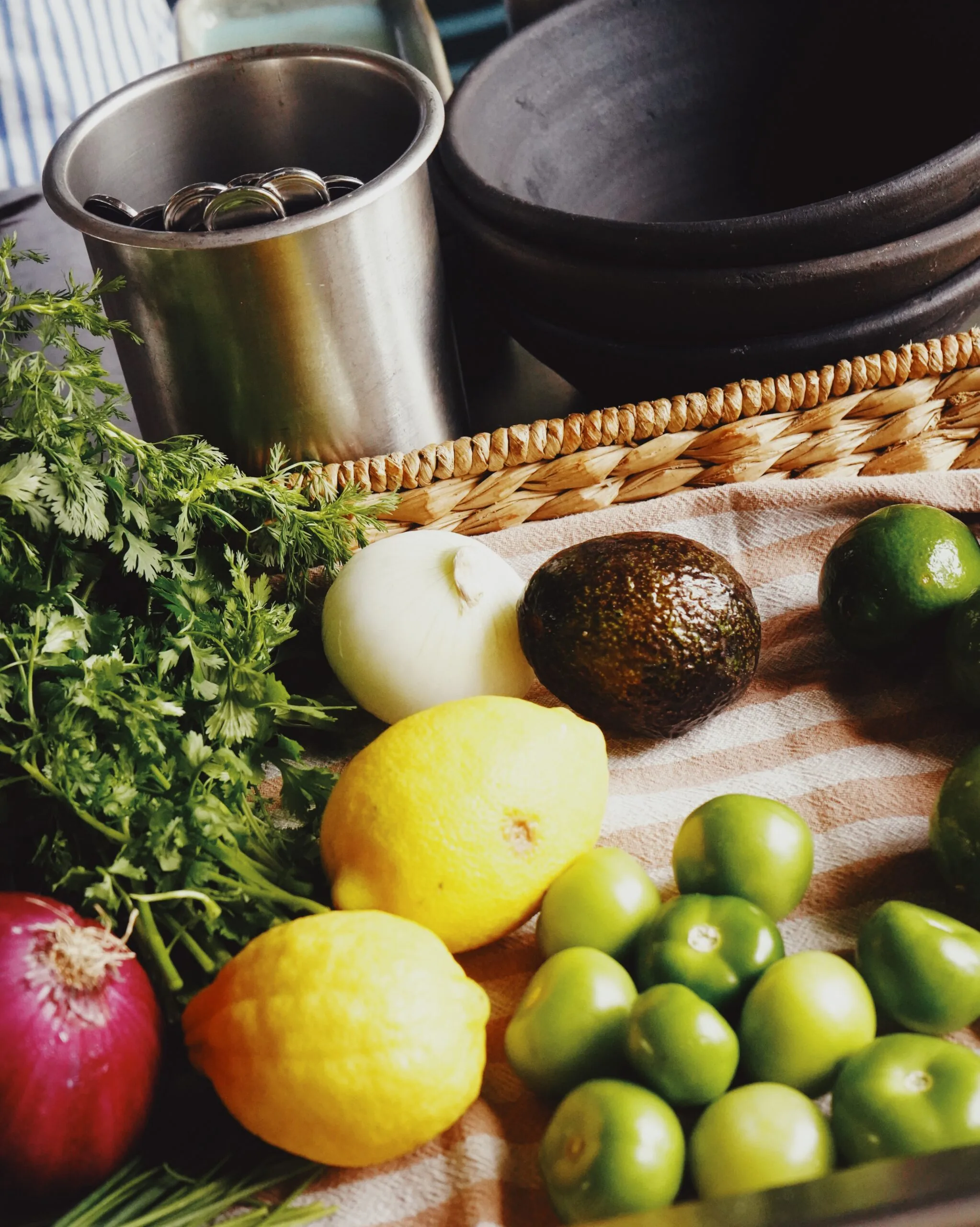 A collection of fruits and vegetables on a table
