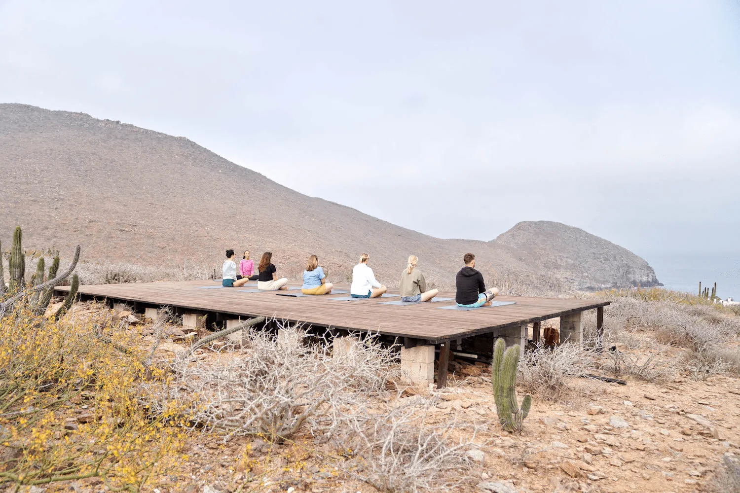 People doing meditation on a raised wooden platform in the desert