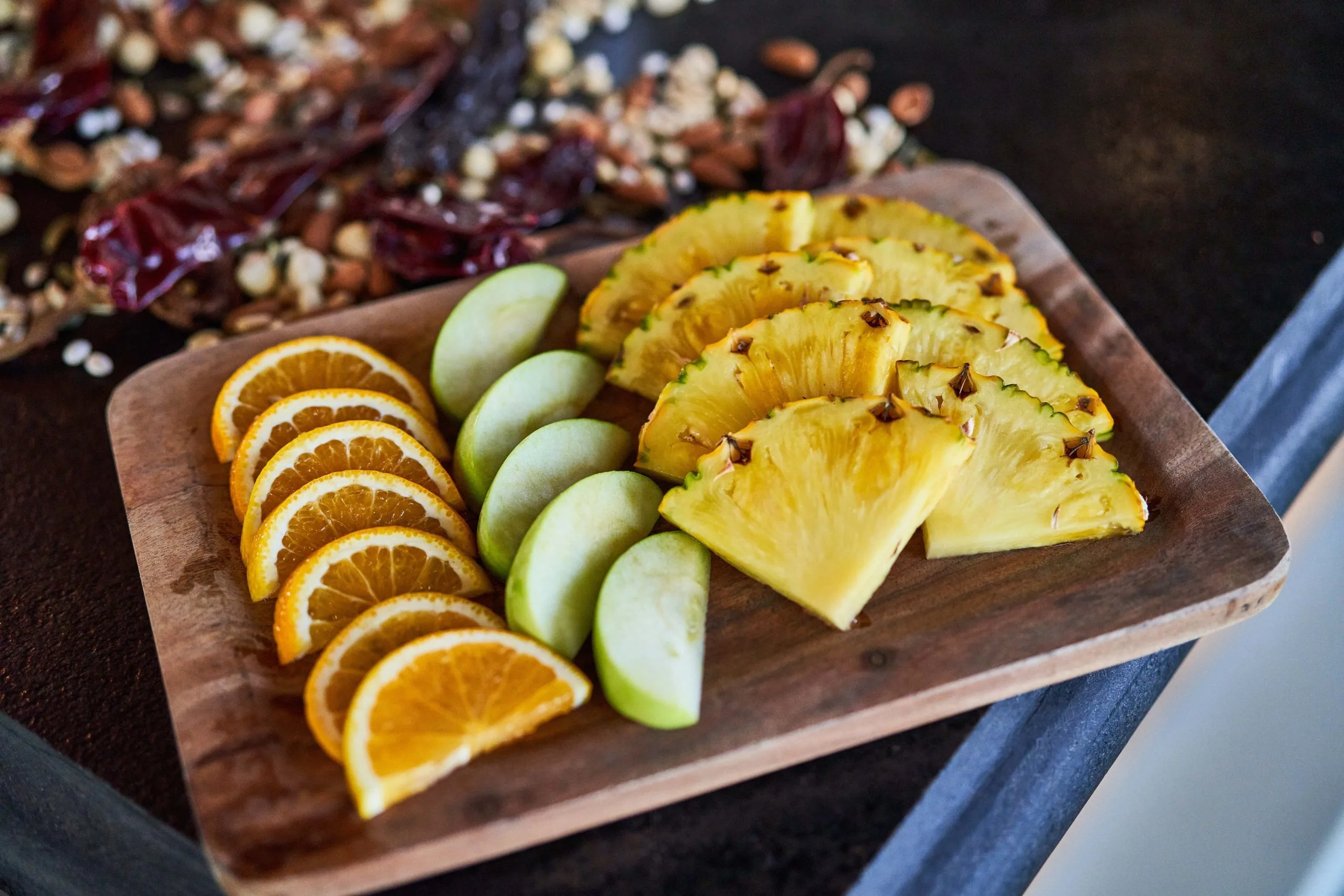 A platter of sliced fruits