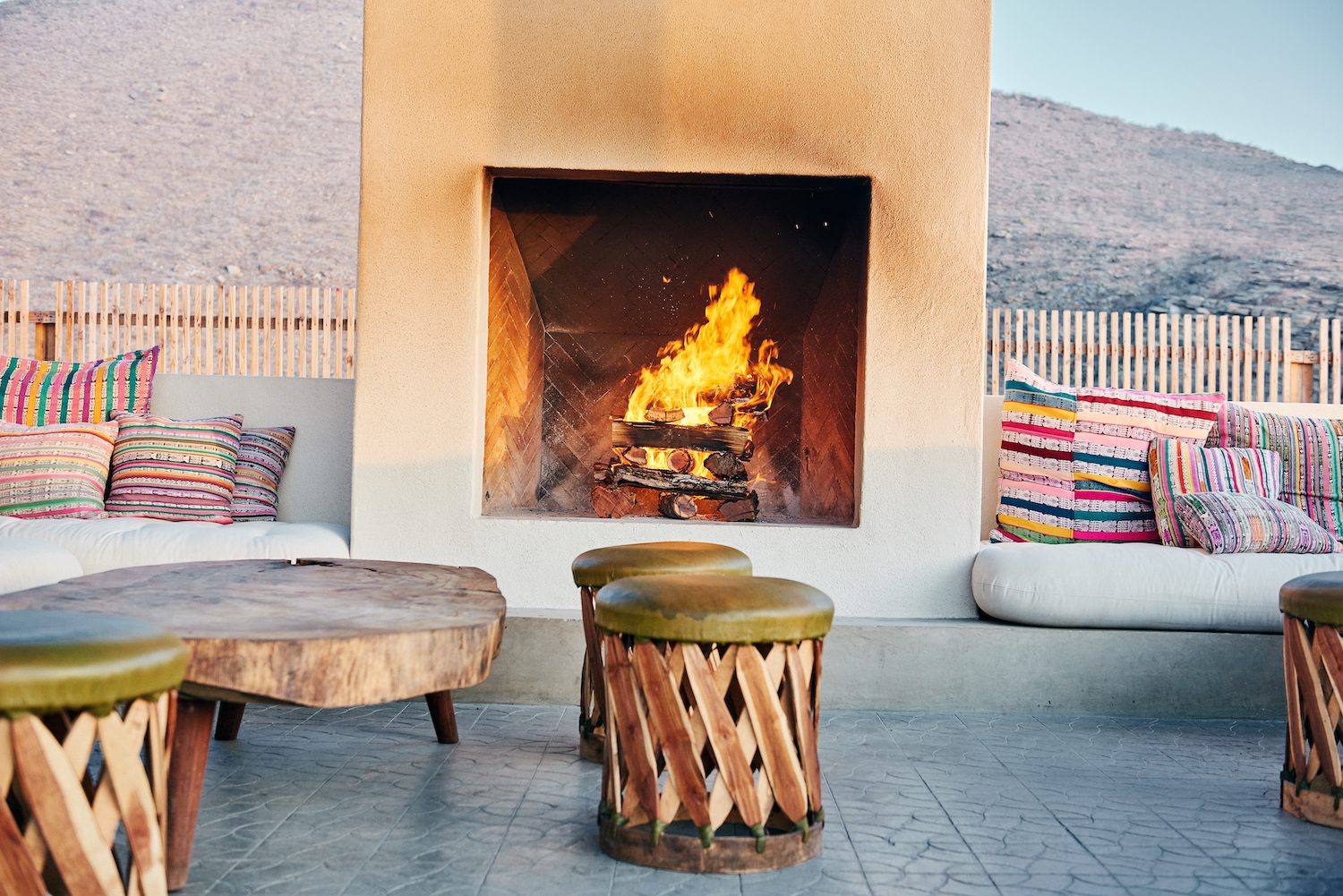 fireplace at the pool bar
