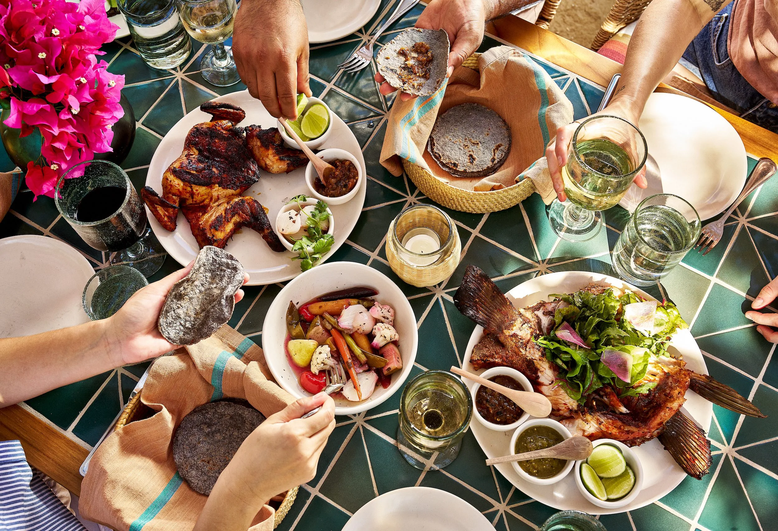 Family style food on a table
