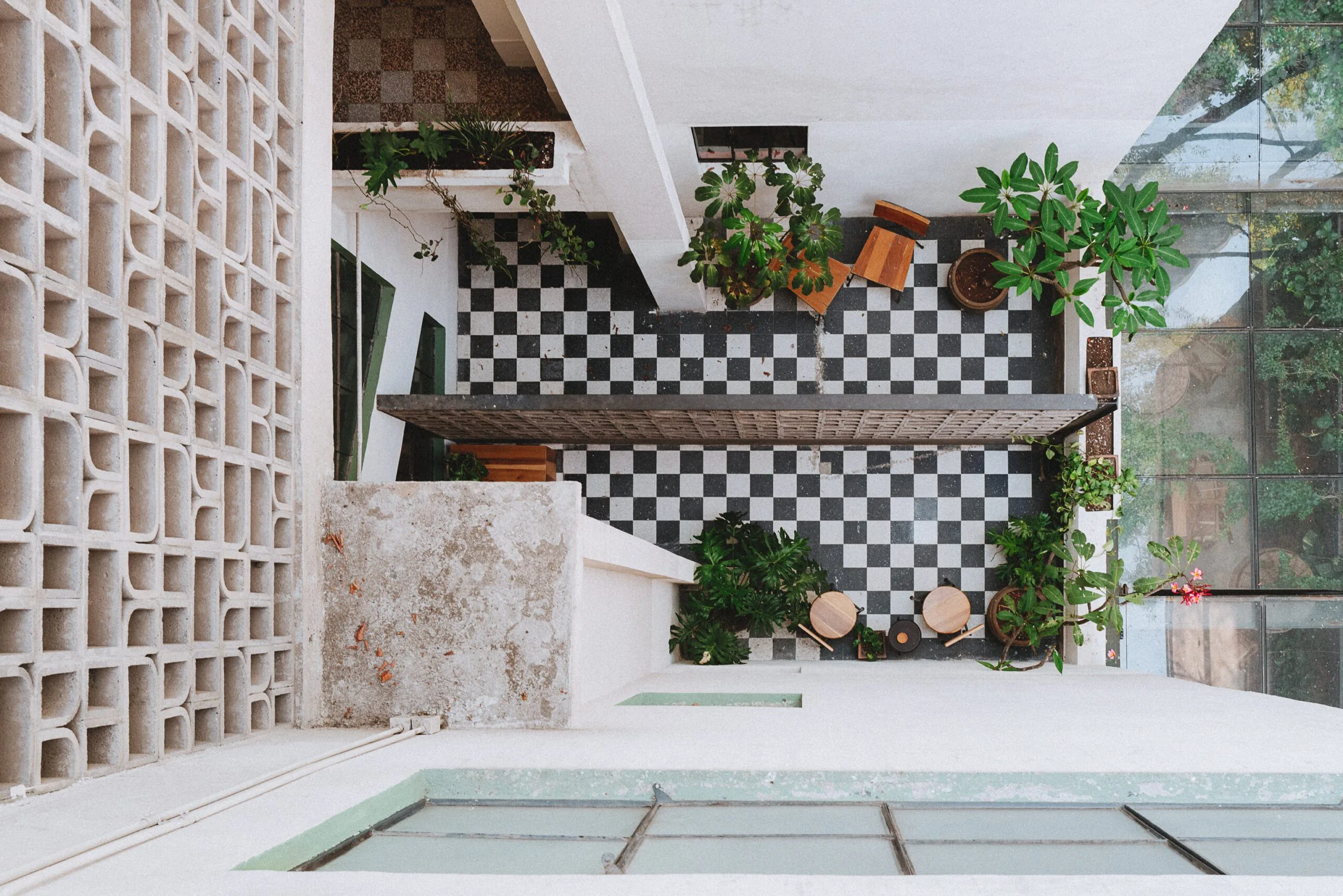 aerial view of a guest room patio