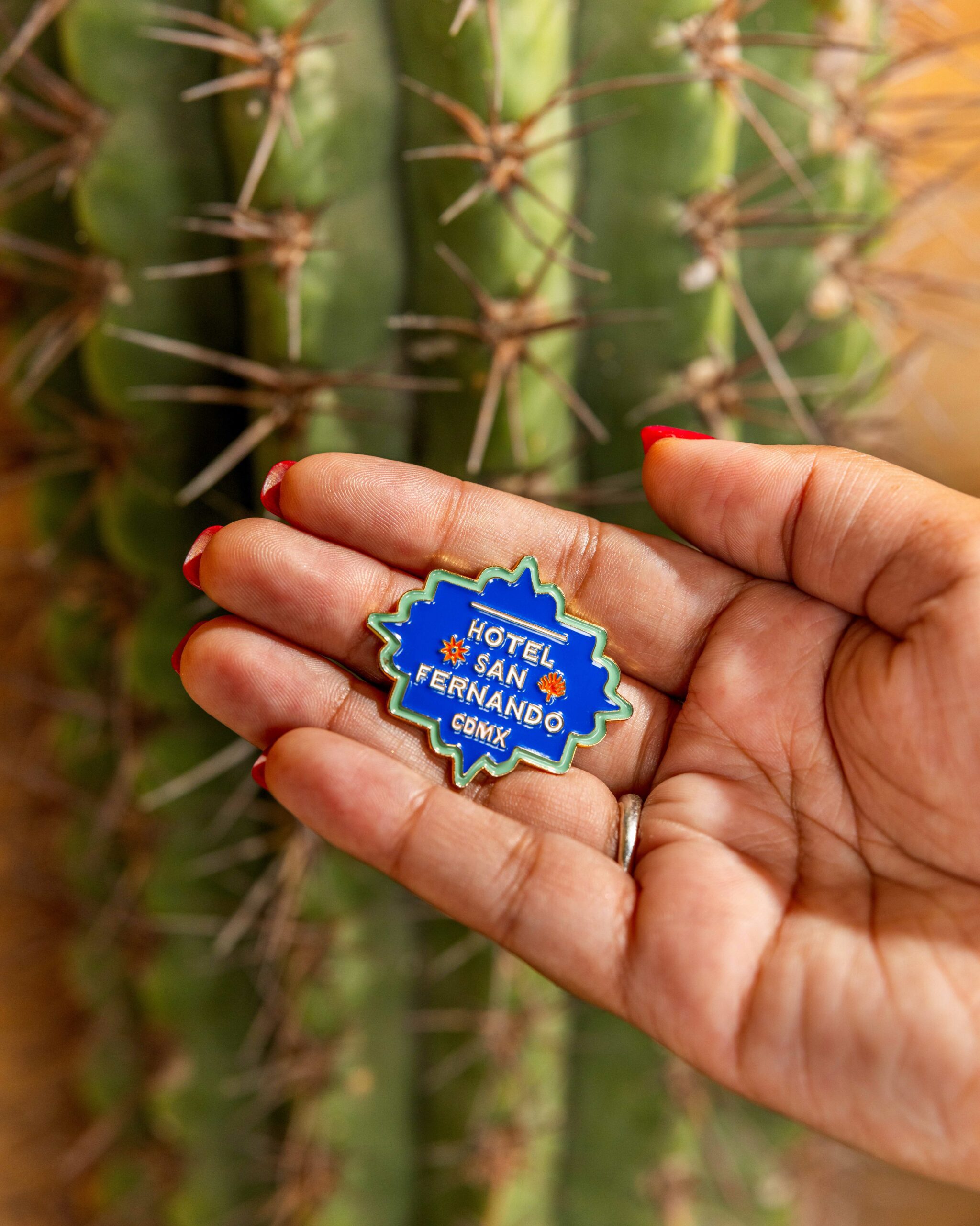 A hand holding a Hotel San Fernando pin