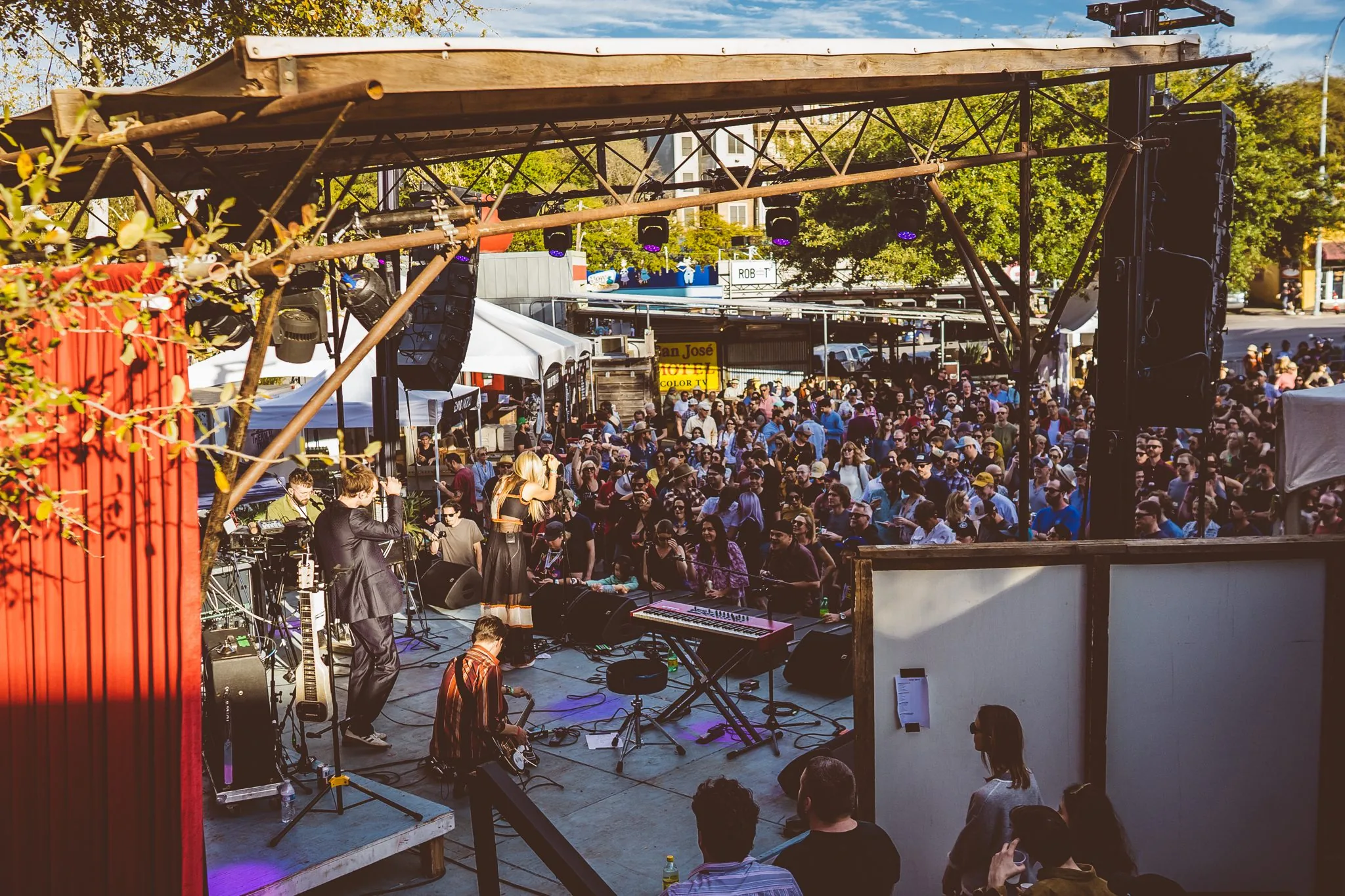 Aerial view of a band and audience at South by San Jose