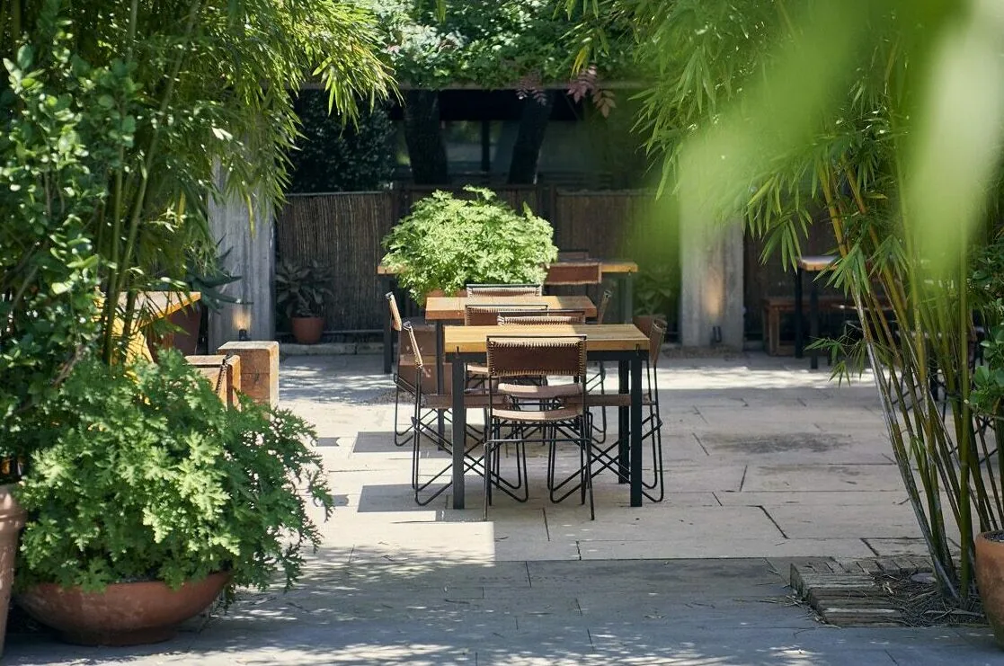 An outdoor lounge with tables and chairs surrounded by greenery under the sun.