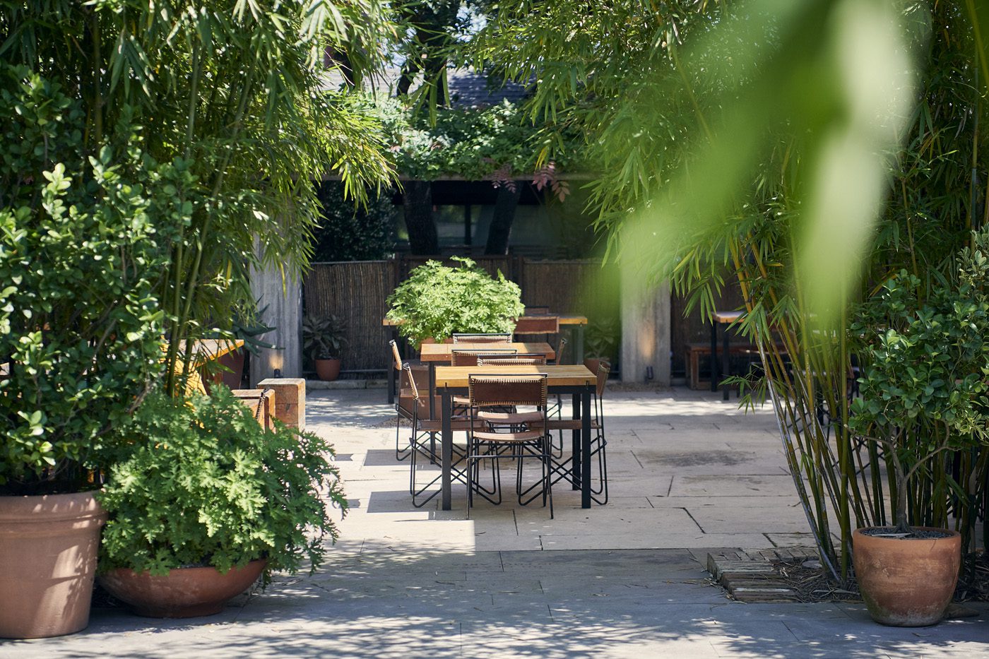 An outdoor lounge with tables and chairs surrounded by greenery under the sun.