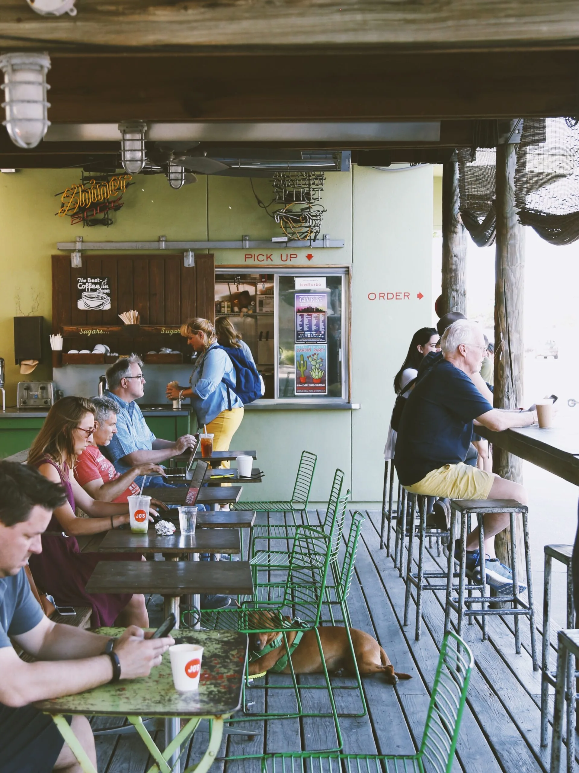 People in semi-outdoor seating area at Jo's coffee