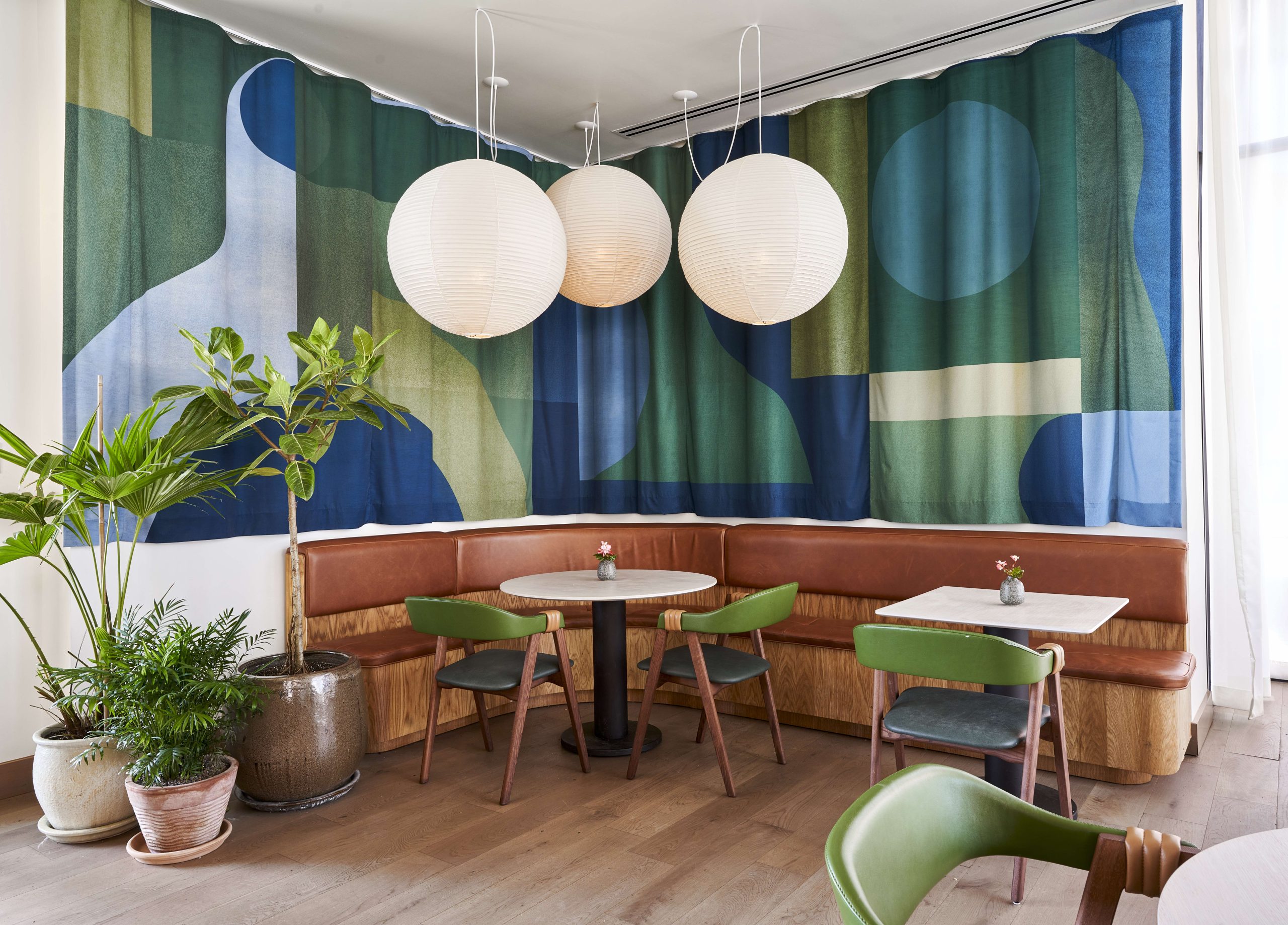 A quite corner of Summer House on Music Lane with potted plants, and a designed curtain