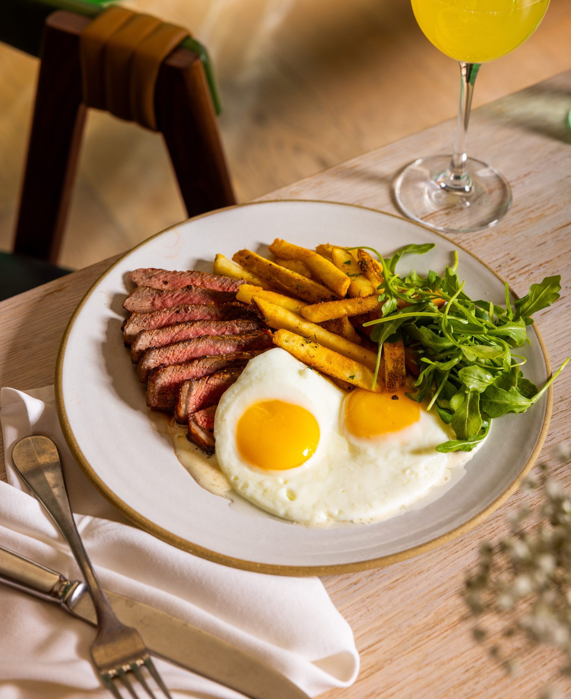 plate of steak and eggs