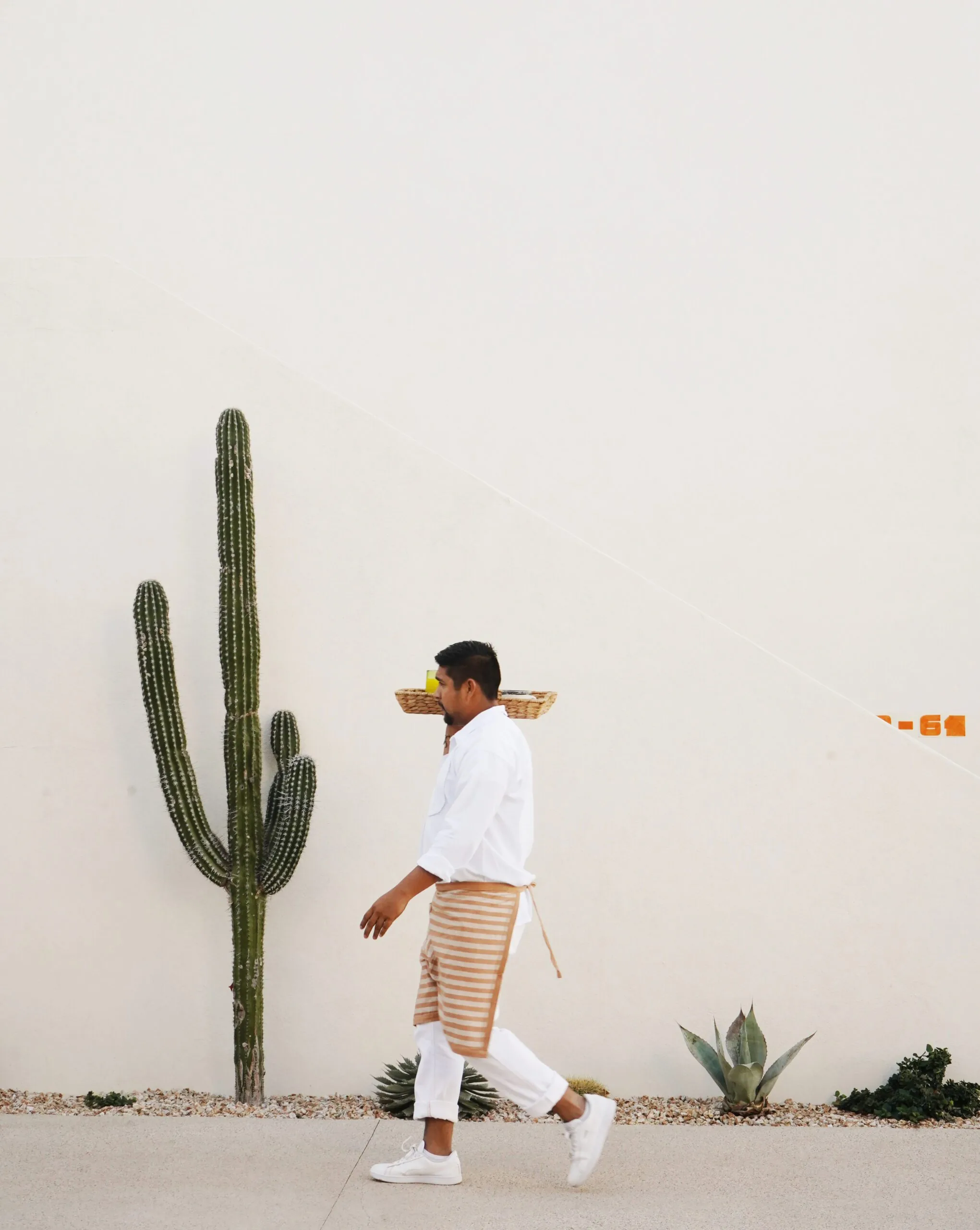 Benno Waiter carrying a tray of food past a lone cactus