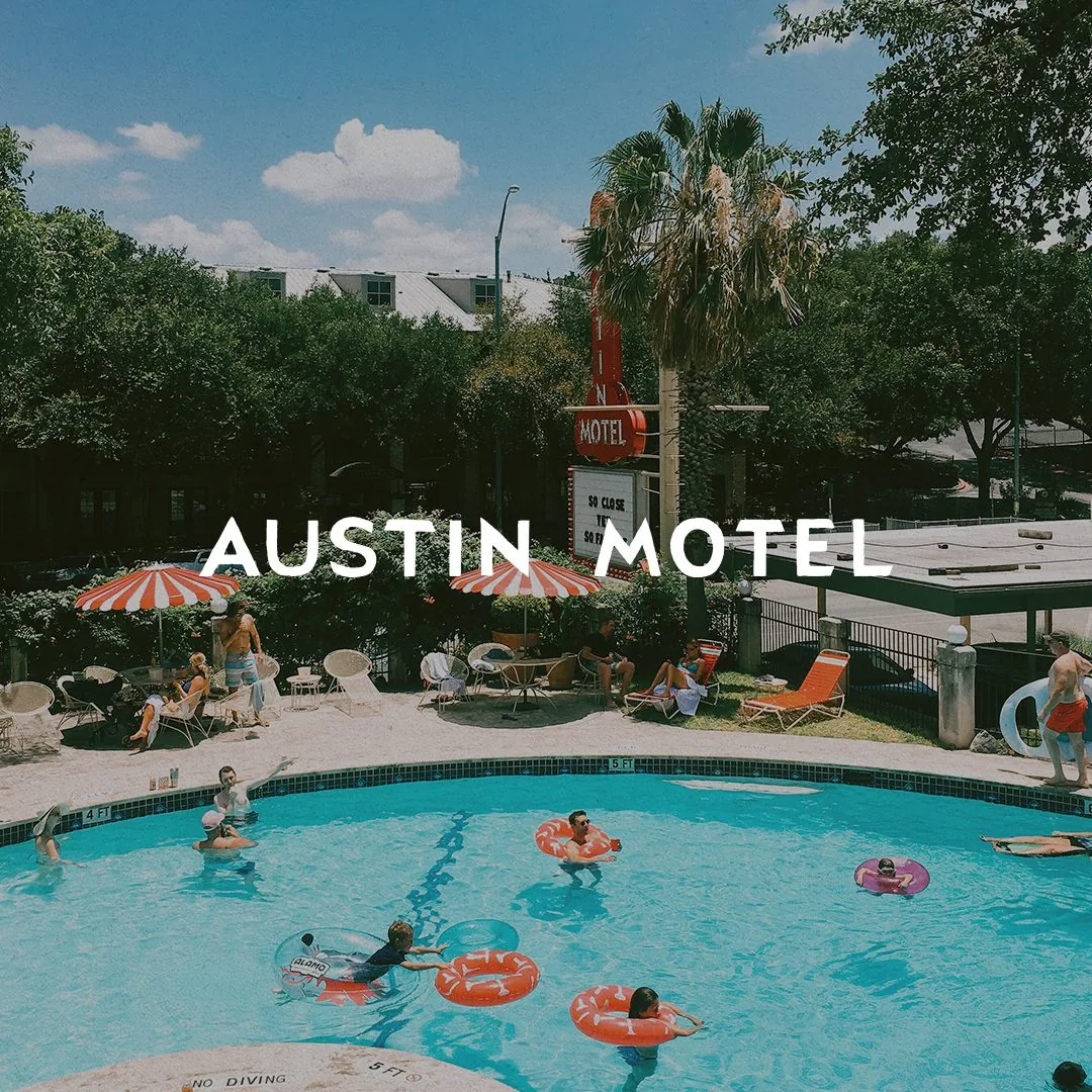 Austin Motel logo over an image of people in the pool