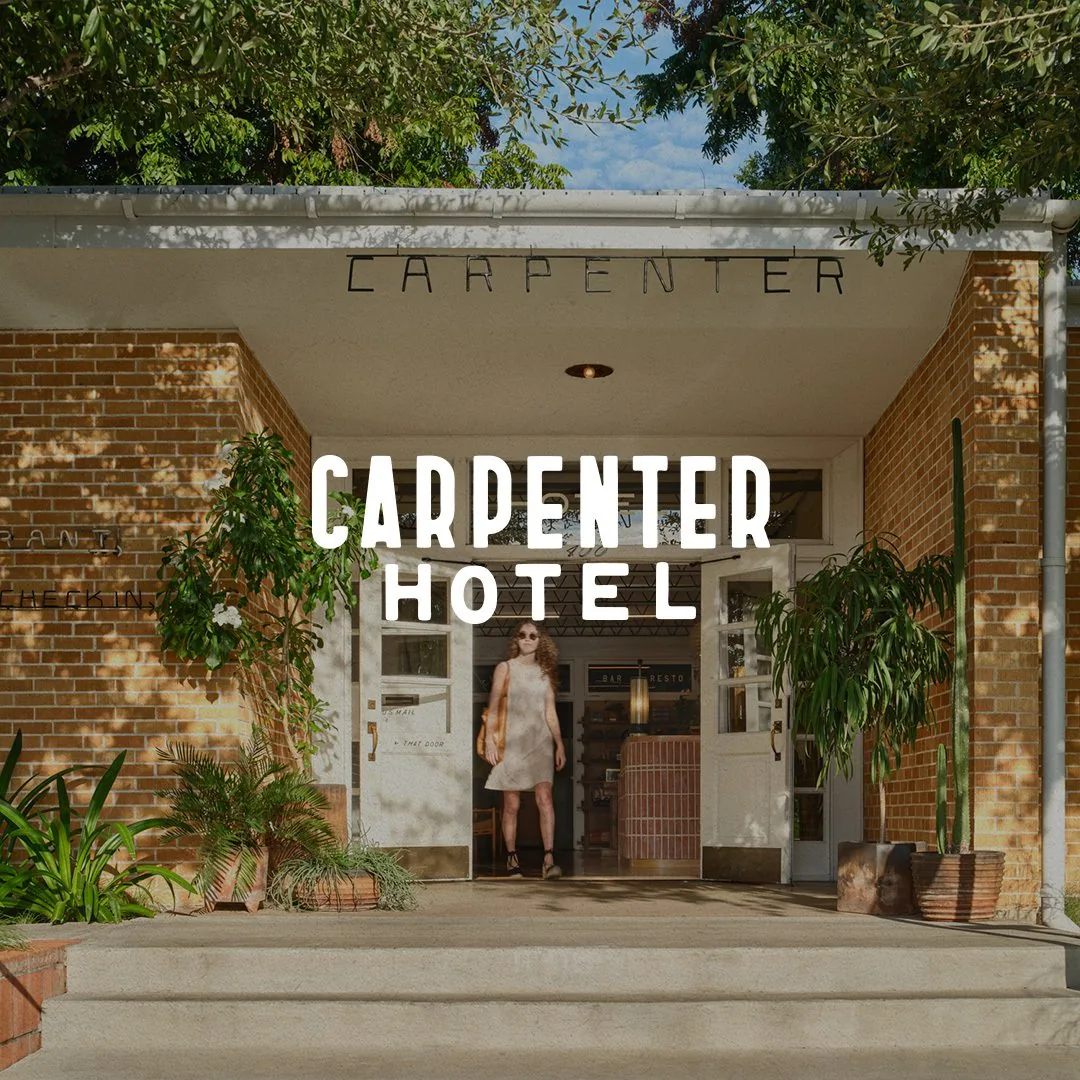 Carpenter Hotel logo over a photo of the entrance to the hotel