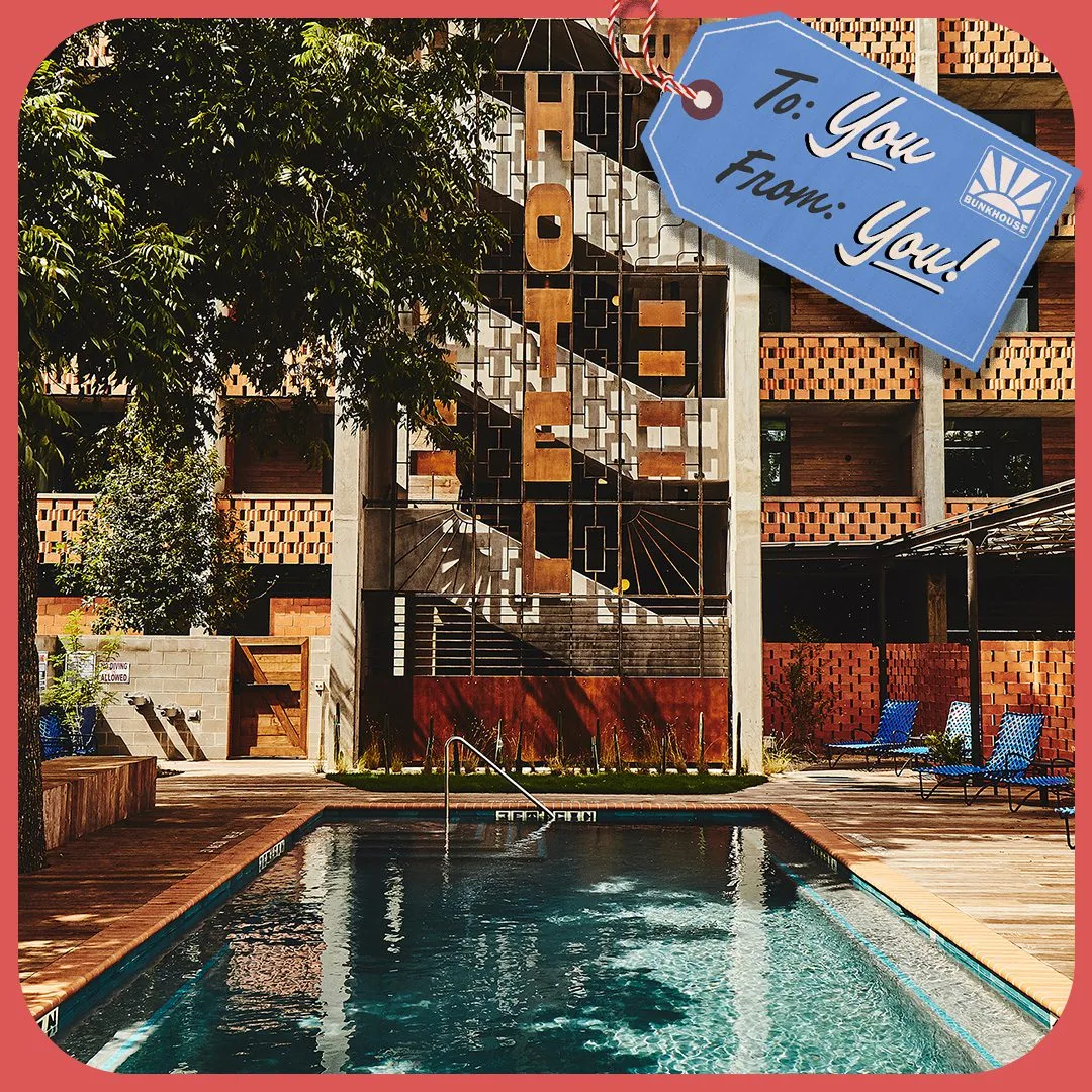 Picture of the Carpenter Hotel with the illustration of a gift tag that says to: you, from: you