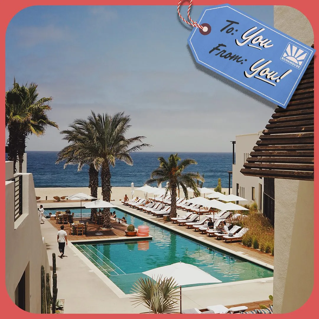 Picture of the Hotel San Cristobal with the illustration of a gift tag that says to: you, from: you