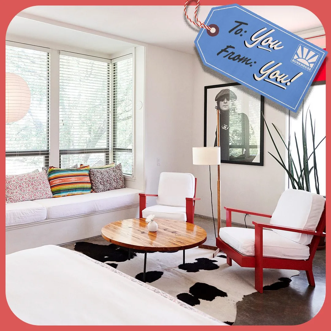 Picture of the Hotel San Jose with the illustration of a gift tag that says to: you, from: you