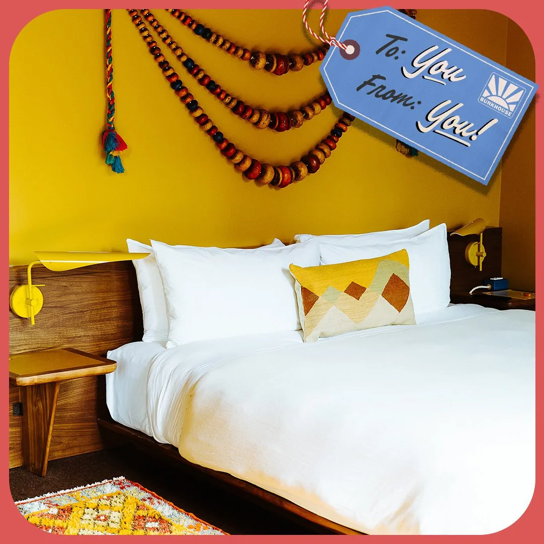 Picture of the Hotel Magdalena with the illustration of a gift tag that says to: you, from: you