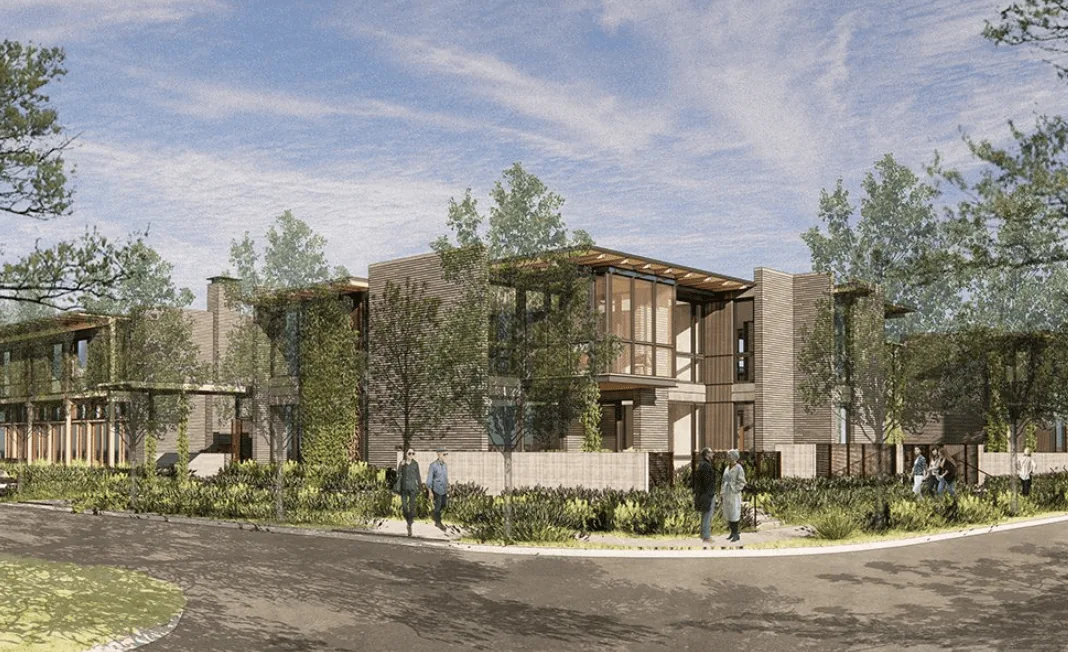 Rendering of Hotel Saint Augustine, building on a corner with trees