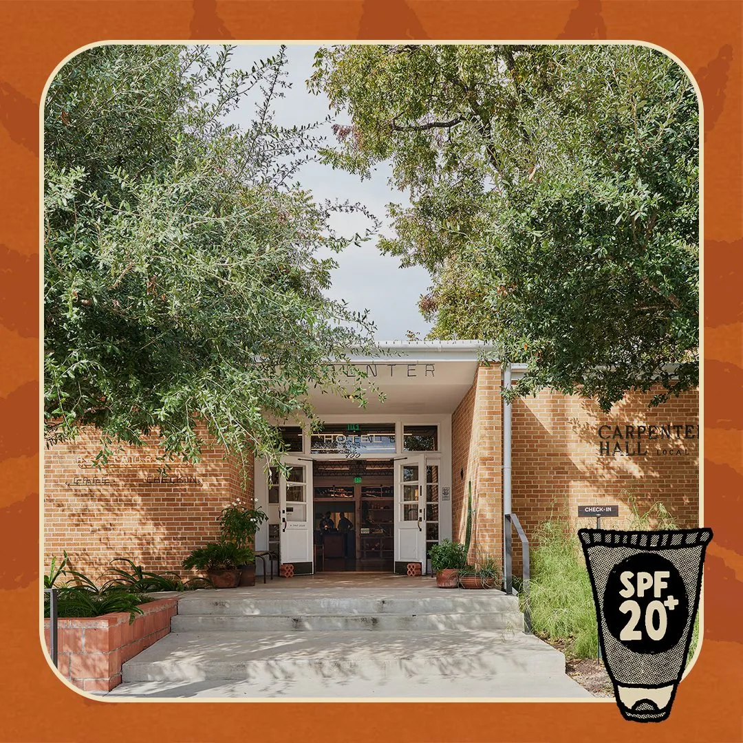 Carpenter Hotel exterior with a border and a suntan lotion bottle with SPF 20+
