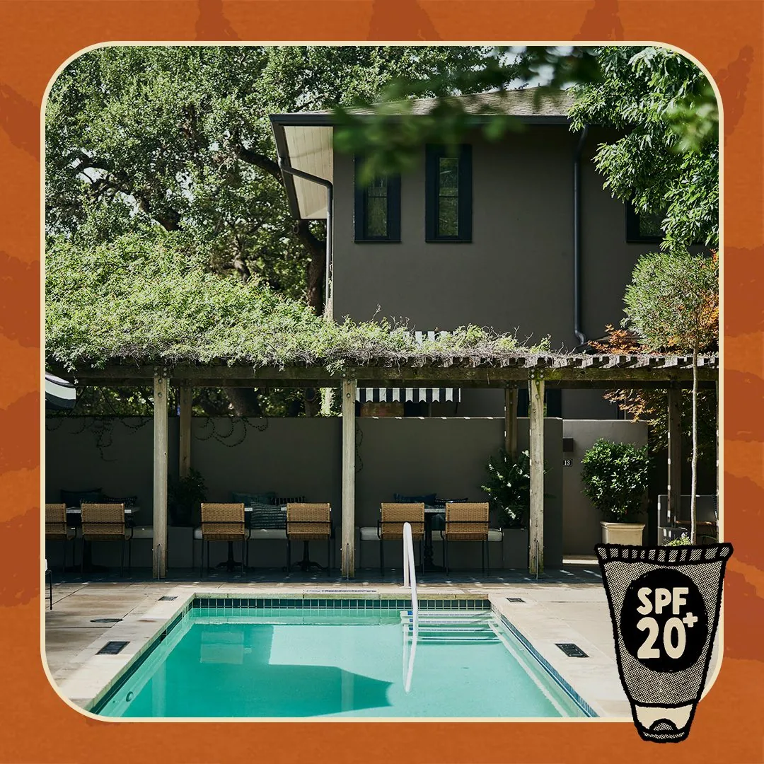 Pool with a border and a suntan lotion bottle with SPF 20+