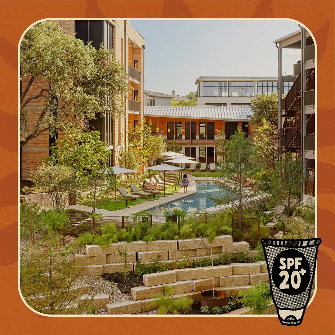 Pool and hotel buildings with a border and a suntan lotion bottle with SPF 20+