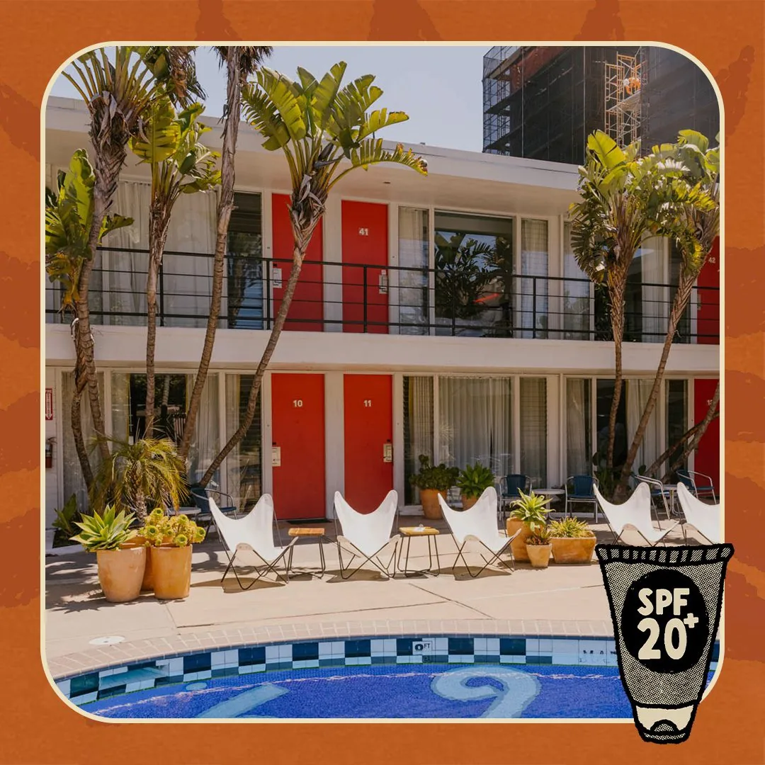Lounge chairs with a border and a suntan lotion bottle with SPF 20+