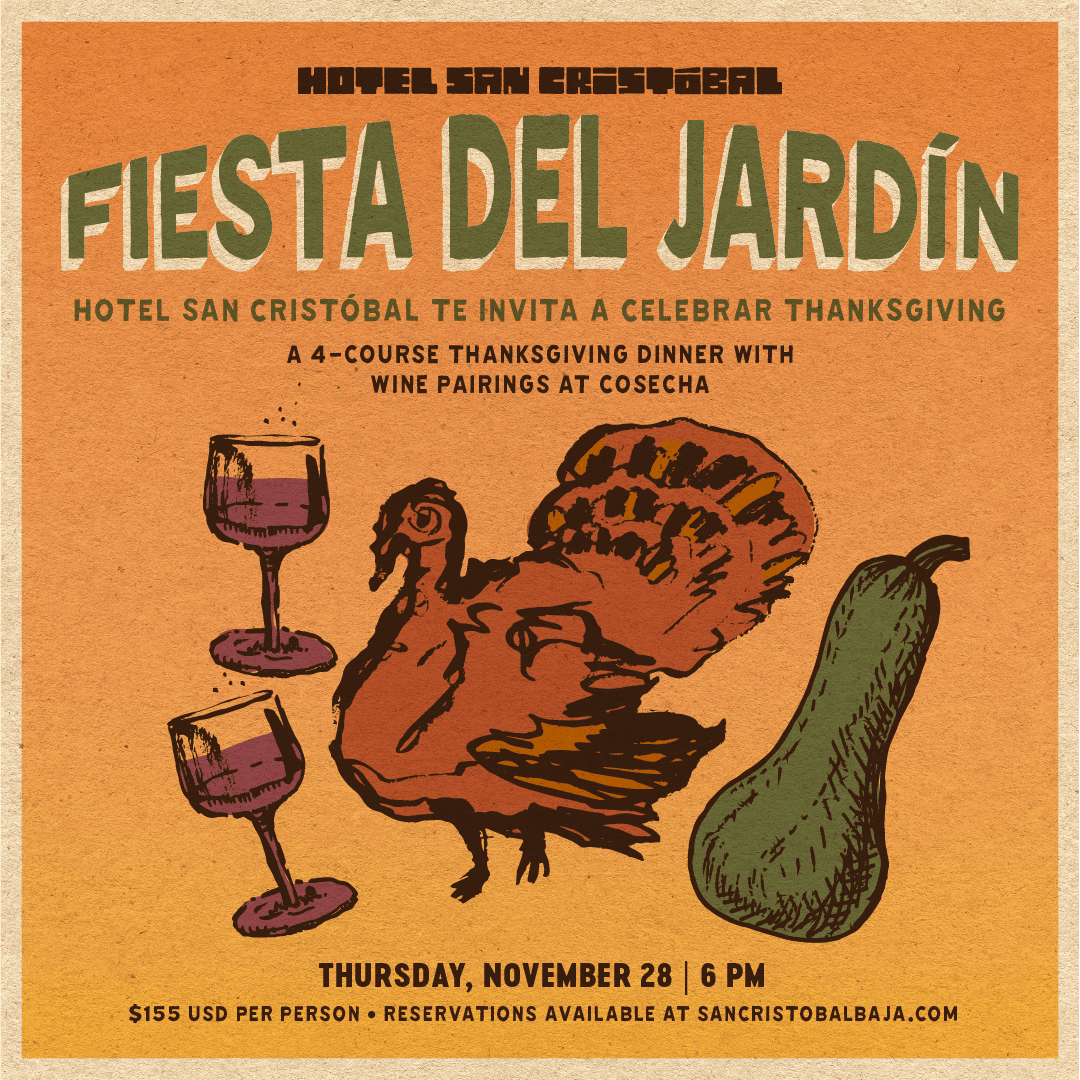 Illustration of a turkey and wine glasses for Fiesta Del Jardin at Hotel San Cristobal