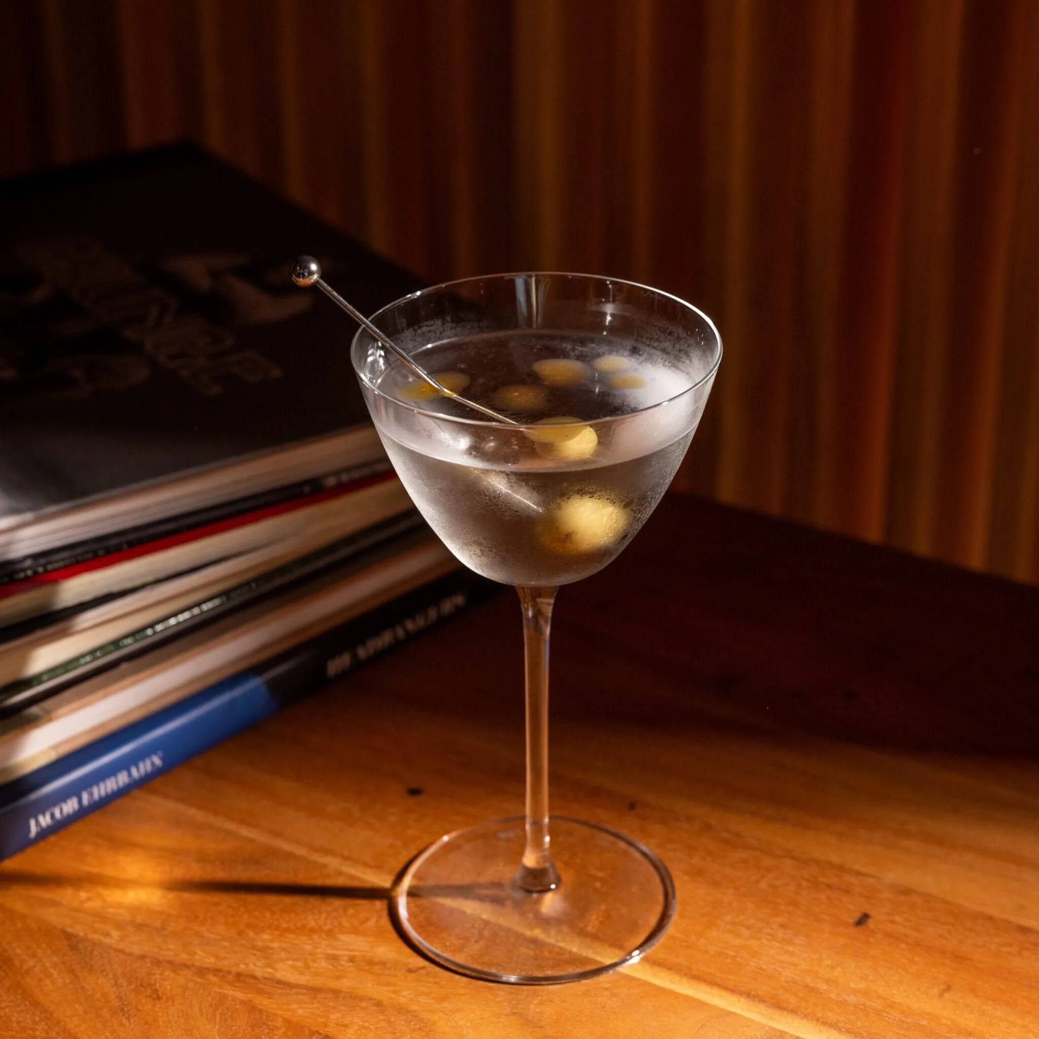 Martini in front of a stack of books