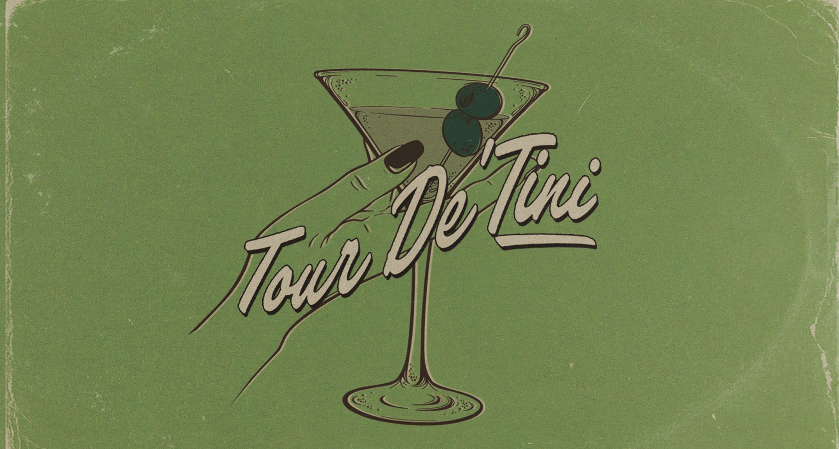 illustration of a hand holding a martini with the words Tour de Tini on top